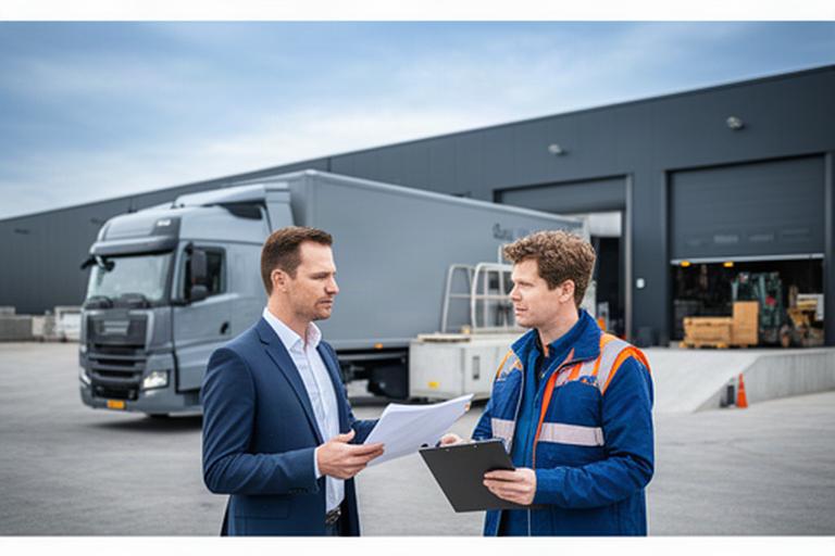 Bedrijfsleider bespreekt bouwplanning naast een vrachtwagen en magazijn in Gelderland
